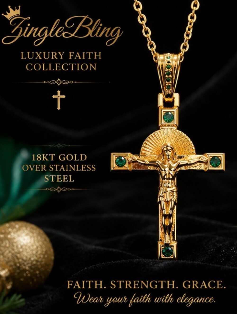 18K Gold Over Stainless Steel Crucifix Necklace Emerald Green CZ Cross 18+2 NWT